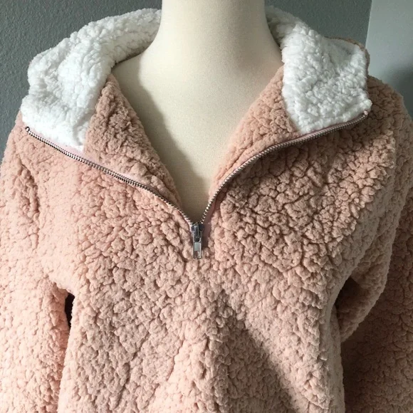 Coeur de Vague Blush Fluffy Quarter-Zip Plush Hoodie Fleece Sweatshirts - Picture 10 of 16